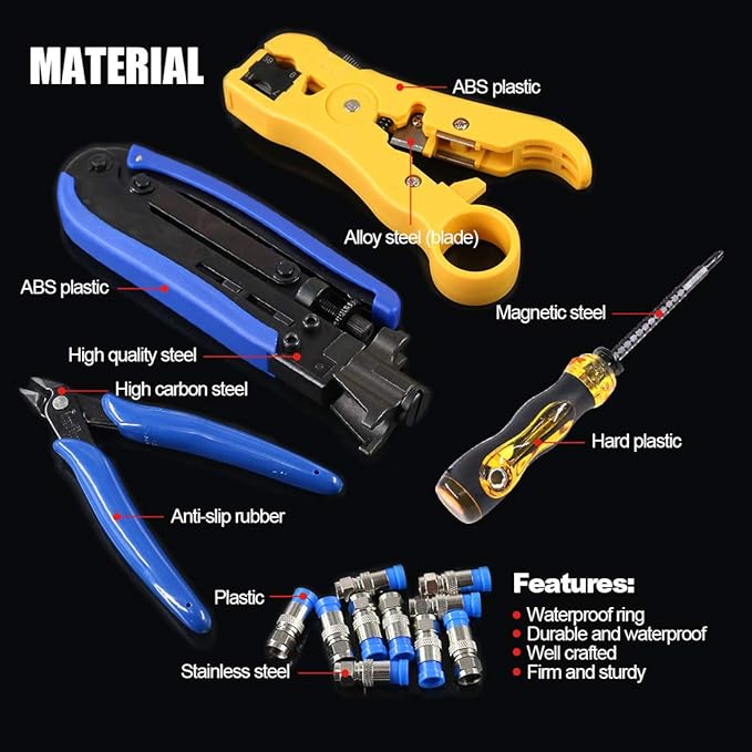 Hilitchi 5 in 1 Coaxial Compression Tool with Instruction Manual Coax Cable Crimper Cable Stripper RG6 RG59 RG11 75-5 75-7 Screwdriver and Micro Cutter with 10 PCS F Compression Connectors Blue RG6