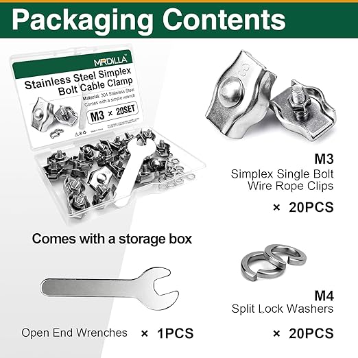 20 Pack Wire Rope Clips for 1.5-3mm Cable, M3 Stainless Steel Simplex Single Bolt Clamps with Washers and Wrench
