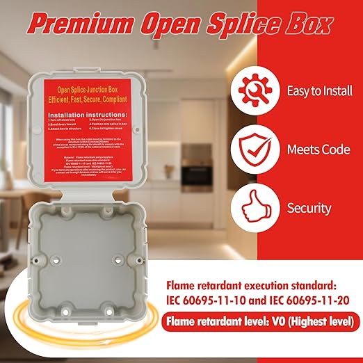 Open Splice Junction Box (Single), One-Piece Junction Box Splice Box. Repair Open Splices, 5 Second Installation Splice Box, Electrical Junction Box, Wire Junction Box