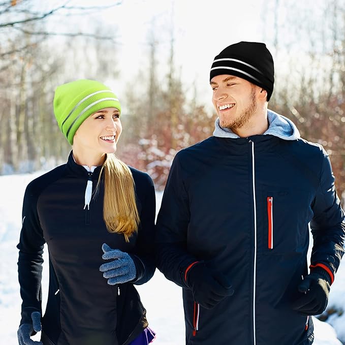 JenPen 3 Pcs Safety Beanie Reflective Hat Winter High Visibility Unisex Knit Beanie Hat Running Cap Headwear for Men Women