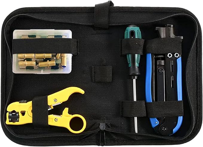 Coax Cable Crimper Tool Kit, Coaxial Compression Tool for rg6 rg59 rg11, Wire Stripper, 10pcs RG6 F Male and Female Connectors, Screwdriver