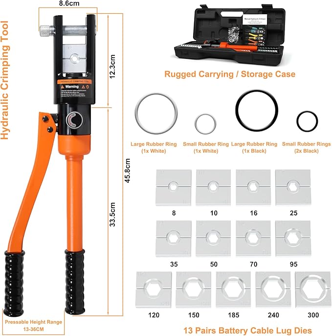 16 Ton Hydraulic Crimping Tool, Professional Battery Cable Crimper with 13 Die Sets, 9AWG to 600MCM Cable Crimping Tool (Triple-Stroke Fast Hydraulic Crimper)