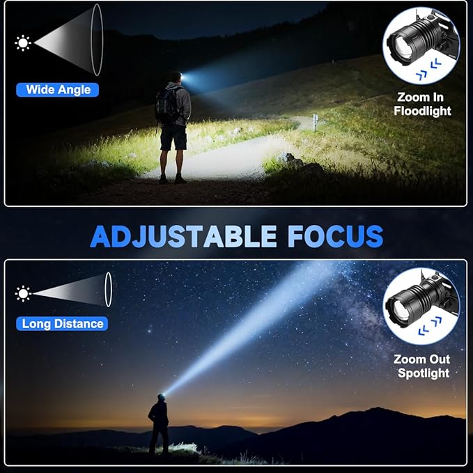 Rechargeable Headlamp High Lumen, 3000L Super Bright Head Lamp, 90° Rotatable Head Lights for Forehead, Adjustable Focus Headlight Flashlight, 4Modes LED Headlamps for Adults Hardhat Camping (2Pack)