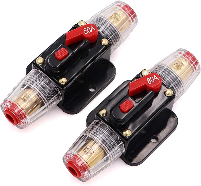 2 Piece 80A Audio Inline Circuit Breaker 12V with Manual Reset,80 amp Inline Fuse 0-8 Gauge for Car Audio, Stereo Switch and Solar Inverter System