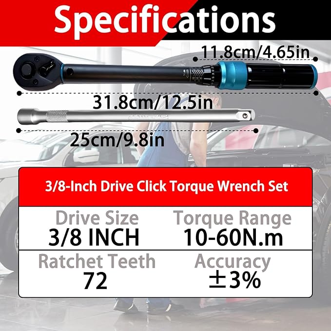 3/8" Drive Click Torque Wrench Set, 7.37~44.27 Ft-Lb/10-60 Nm, Magnetic Spark Plug Socket Set, ±3% Accuracy, 72-Tooth Dual Range Scales Torque Wrench for Bike, Motorcycle, Car