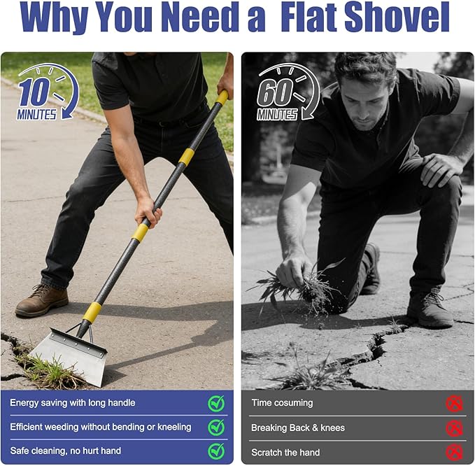 Garden Shovel: Heavy Duty Ice Scraper with Metal Flat Head, Multifunctional 60in Long Handle Floor Scraper for Breaking Removing Hard Ice on Driveway Walkway Road