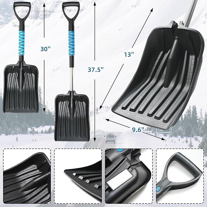 Extendable Snow Shovel for Driveway Portable Snow Removal Emergency Tool with Foam Grip in Winter Snowy Day Easy Assembled Garage for Car Vehicles Outdoor Use (Shovel Only)