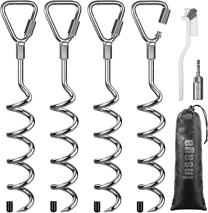 17" Heavy Duty Ground Anchors Screw in - 4 Pack Chrome Plated with Reinforced Triangle Bracket for Trampoline, Swing Set, Shed, Mobile Home, Carport - High Wind Resistance for All Soil Types