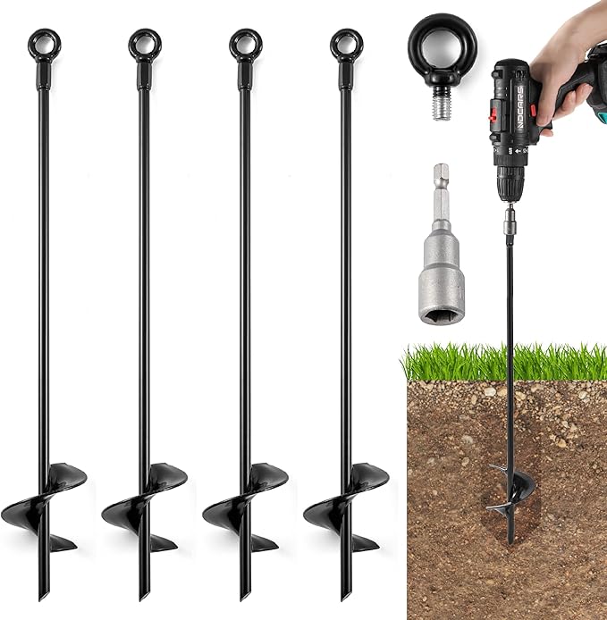 18'' Ground Anchors Screw in Tent Stakes Heavy Duty Earth Anchors - Solid Steel with Sharp Tips & 3 inch Helix Blades to Drill Deep for Trampoline, Swing Sets, Carports, Gazebos, Green House Tents