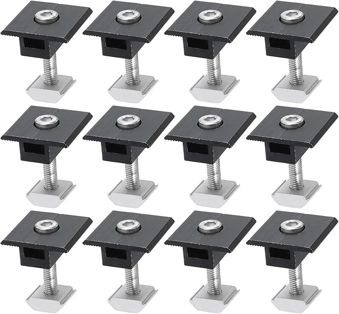 UXCELL 12Pcs Black Aluminum Solar Panel Center Clamps, T-Shaped Design, Easy to Install, Suitable for RVs, Houses and Boats