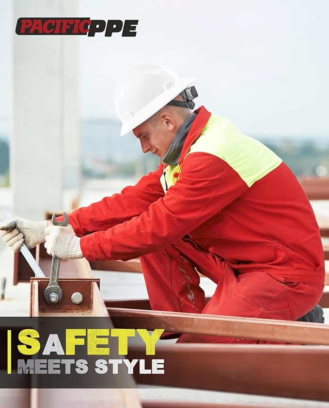 PACIFIC PPE Full Brim Hard Hat, OSHA Construction Safety Helmet Certified to ANSI Z89, 4 Point Adjustable Ratchet Suspension, Class E, G & C, White