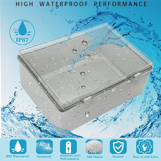 Waterproof Outdoor Electrical Box Junction Box Weatherproof IP67 ABS Plastic Enclosure Switch Router Project Box with Mounting Plate with Wall Bracket 2 Cable Glands Clear 15.4"x11.4"x6.3"