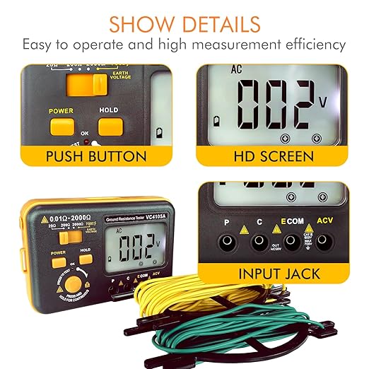 VC4105A Earth Resistance Tester Digital Grounding Resistance Meter 20/200/2000Ω Ground Resistance 750V AC Voltage Measure Backlight LCD Display Data Hold