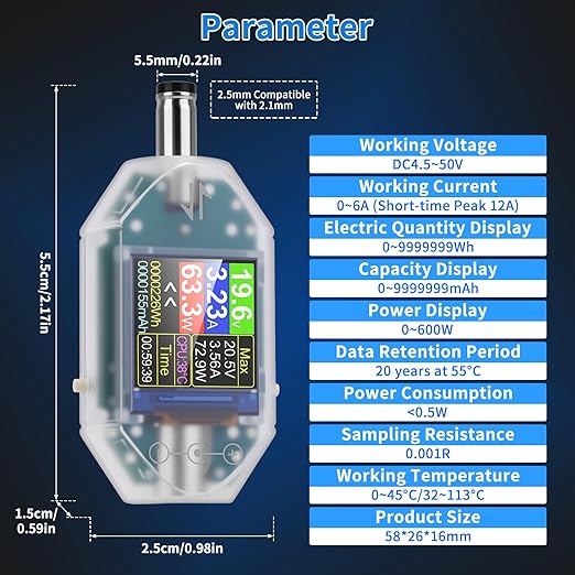 DC Voltage Tester Power Meter, 4.5-50V 0-12A Two-Way Measurement Voltage Current Capacity Amp Volt Voltmeter Ammeter Detector Digital Tester for DC 5.5 x 2.5/2.1 Port Device, Transparent