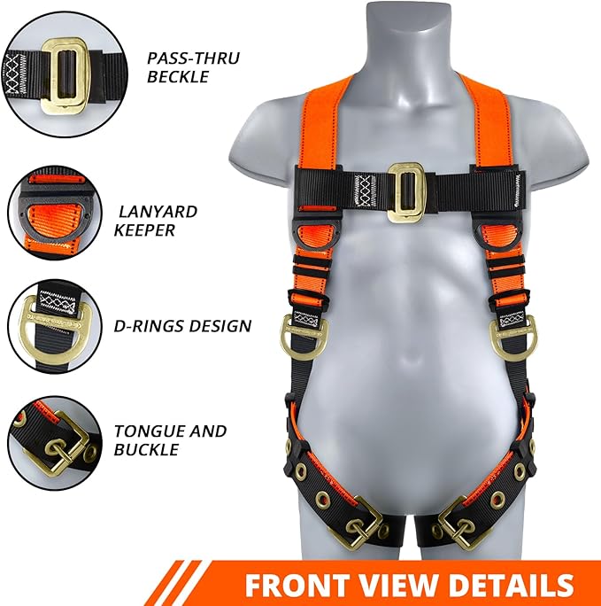TRSMIMA Safety Harness Fall Protection - Men Construction Full Body Harness Kit for Work with Shock Absorbing Lanyard Tongue Buckle ANSI Orange
