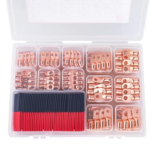 296 Pcs Pure Copper Ring Terminal Kit (8-1/0 AWG) - 144 Battery Lugs (1/4″, 5/16″, 3/8″, 1/2″) with 152 Heat Shrink Tubes for Multi-Gauge Wire in Automotive, Inverter, Marine, RV Applications