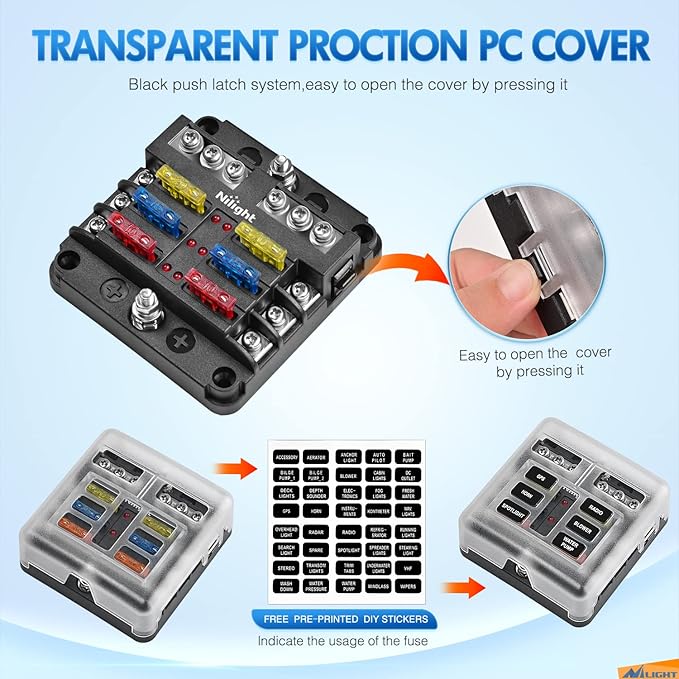 Nilight - 50055F 6 Way Blade Screw Fuse Block 6 Circuits with Negative Bus Fuse Box Holder with LED Indicator ATO/ATC Fuse Panel Waterproof Cover for 12V Automotive Cars Marine Boats RVs Trailers