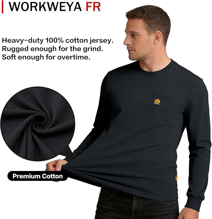 WORKWEYA Men's FR Shirts 6.5oz Lightweight Long Sleeve Flame Resistant T-Shirt NFPA 2112/CAT2