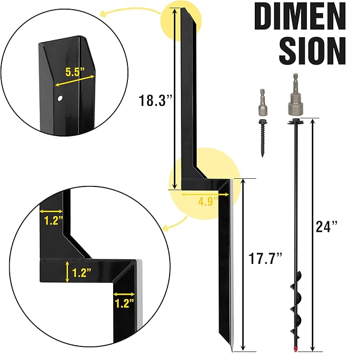 Heavy Duty Steel Fence Post Repair Stakes with Ground Anchor Screw in, Fix Anchors Ground Spike for Fence Posts, Repair Tilted/Broken Wood Posts (Black - 4 Pcs)
