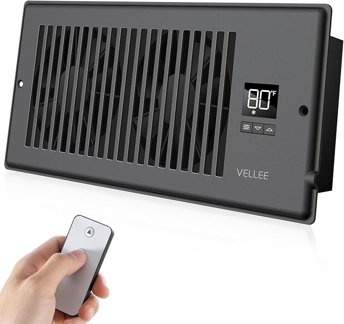 VELLEE Quiet Register Booster Fan Fits 4" x 10" (DUCT OPENING CUTOUT), 10-Speed Smart Heating Cooling AC Vent Booster Fan w/Remote Control & Thermostat Control (Vertical Grille - Black) - Corded