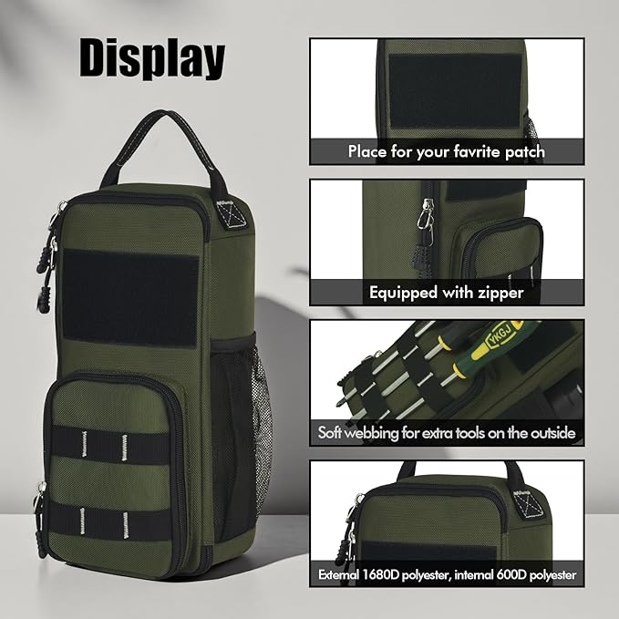 LAKE OF FIRE 12.6" Small Tool Bag Pouch for Men with Multiple Pockets, Waterproof Heavy Duty Tool Bag Organizer with Zipper and Portable Handle (Green)