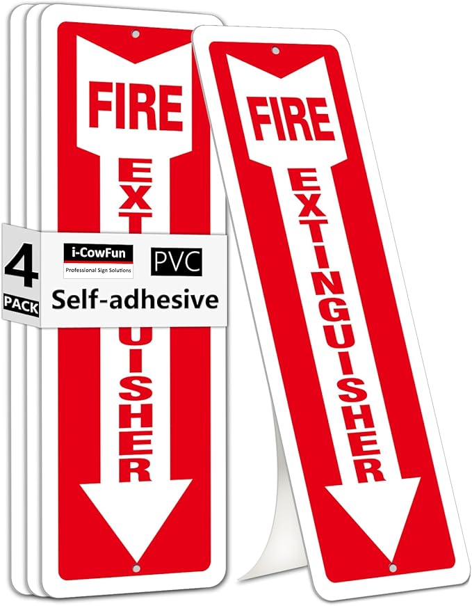 (4 Pack) Self-adhesive Fire Extinguisher Sign, 12" x 4" Durable Plastic Fire Extinguisher Sticker for Business and Home Use, Indoor, Outdoor, 20 Mil Thick PVC Safety Signs, Weather-resistant, No Fade, Easy to Install