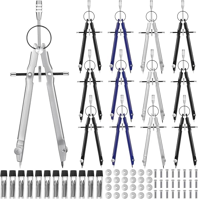 Zonon 12 Pcs Compass for Geometry Drawing Metal Compass with Extra Refills and Screws Circle Maker Back to School Circle Drawing Tool for Math Drafting Measuring Woodworking Office, 3 Colors
