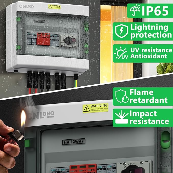 2 String Solar PV Combiner Box 2 in 1 Out IP65 DC1000V 32A Disconnect Switch with Surge Protector and 15A PV Fuse, Circuit Breaker Outdoor IP65 Waterproof for Solar Panels System