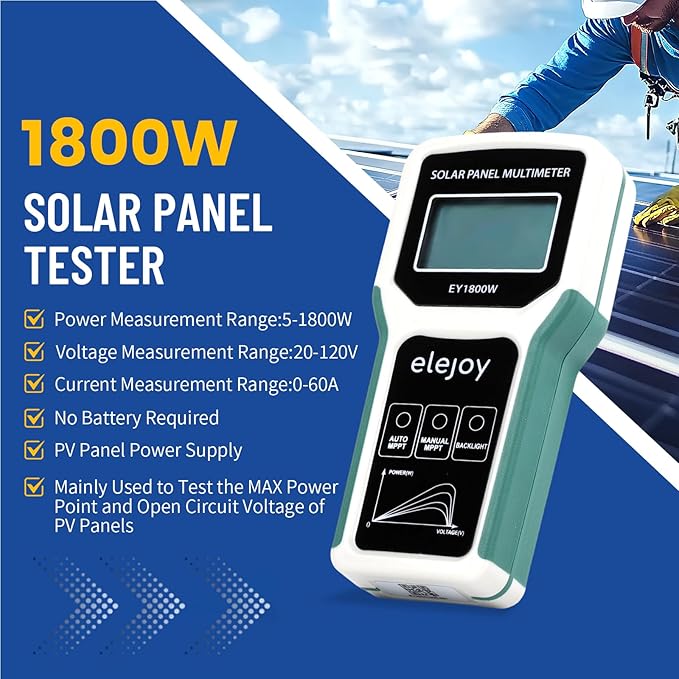 1800W Solar Panel Tester MPPT Photovoltaic Multimeter & Watt Meter Smart Portable Tool for Solar PV Panel Data & Troubleshoot Measures Power Output Performance and Open Circuit Voltage