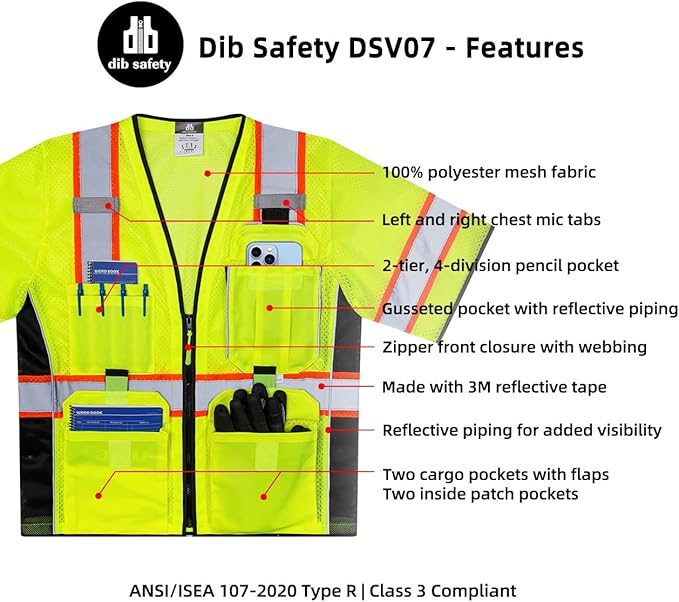 Dib Safety Reflective Mesh Vest ANSI Class 3, High Visibility with Pockets and Zipper, Made with 3M Reflective Tape, Yellow 4XL