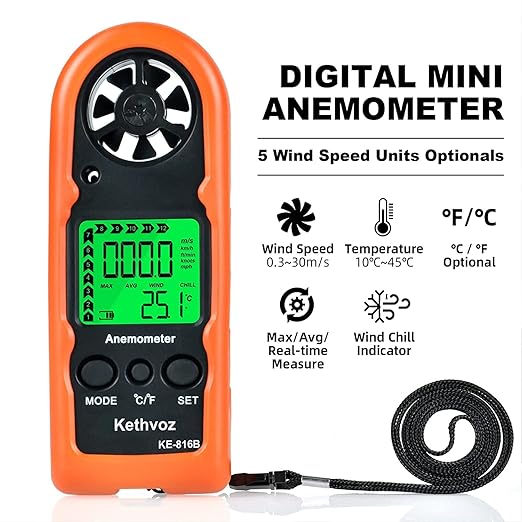 Kethvoz 816B Digital Anemometer, Handheld Wind Speed Meter with Temperature Gauge for HVAC, Measures Wind Velocity in Current/Average/Max, for Sailing, Surfing, Hiking, and Outdoor Activities