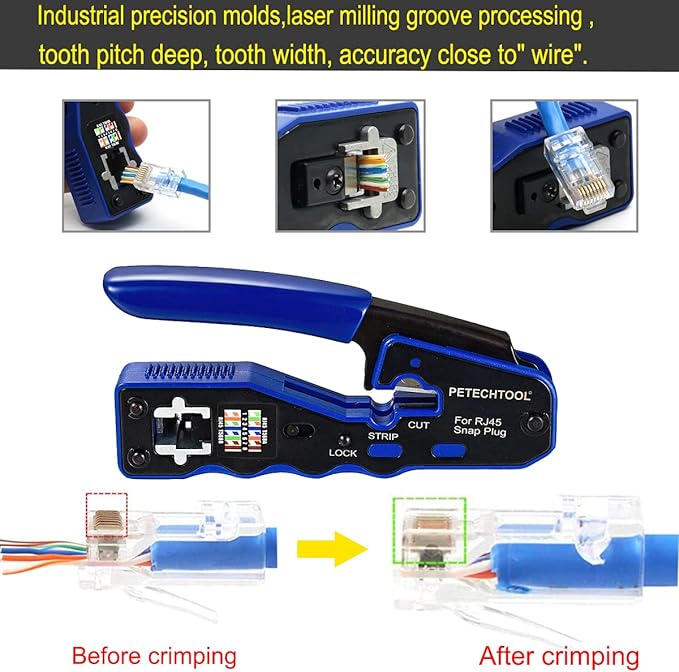 RJ45 Crimp Tool Kit Ethernet Crimping Tool Wire Crimper Stripper Cutter for Cat5e Cat6 Cat6a Pass Thrugh Connectors with 10 pieces Cat6 Connectors and 1 piece mini wire stripper