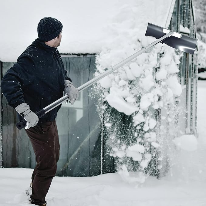 Stainless Steel Roof Rake: 2-16.5 FT Extendable, All-Stainless Construction (Head & Pole), Heavy-Duty & Durable,, Anti-Slip Grip