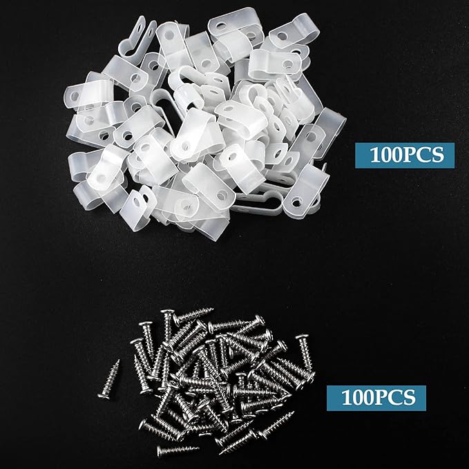 100 Pcs 1/4 Inch R-Type Clip Clamp, Nylon P-Type Mounting Clips, Cable Clip Wire Clamp for Wire Management, Stainless Steel Screws Included