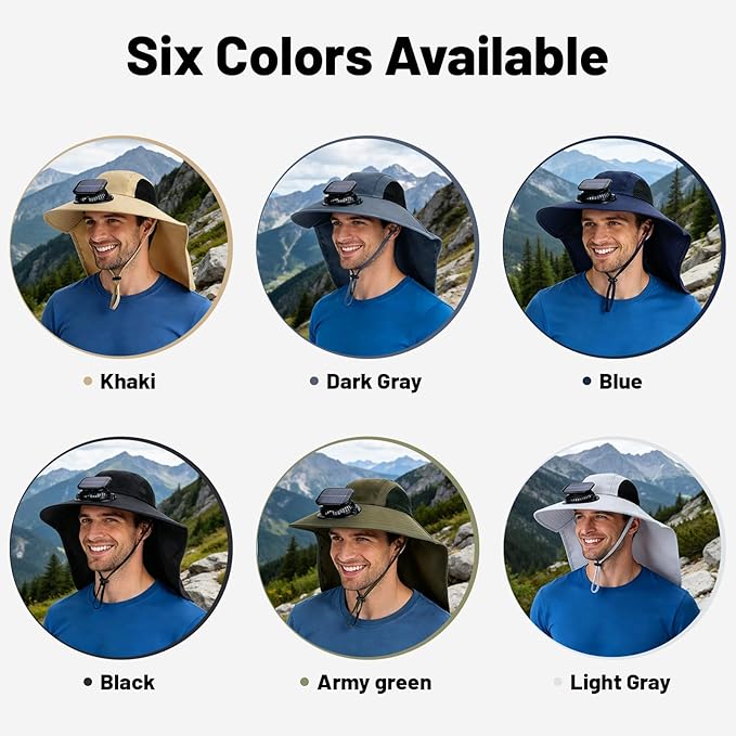 Solar Fan Hat Wide Brim Hat with Fan Sunscreene Neck Flap 3-Speed Outdoor Sun Hat for Fishing,Hiking,USB Solar Charging