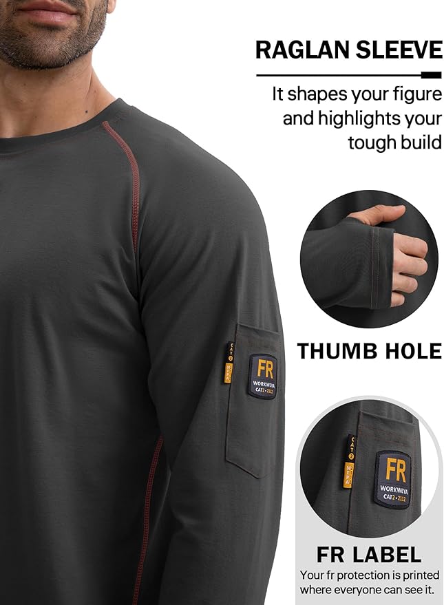 WORKWEYA FR Shirts for Men 6OZ Light Weight Welding Shirts Thumb Hole Stretch Breathable NFPA2112 CAT2 for Summer