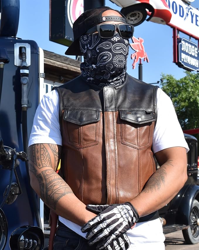 First Mfg Co - Lowside - Mens Motorcycle Biker Riding Canvas, Leather, Twill, Perforated Leather Vest