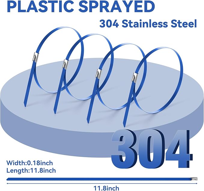 Blue Metal Zip Ties Heavy Duty 11.8 inch for Outdoor Use, Stainless Steel Epoxy Coated Cable Chain Link Fence Zip Ties, Durable Metal Wire Ties Strap UV Resistant
