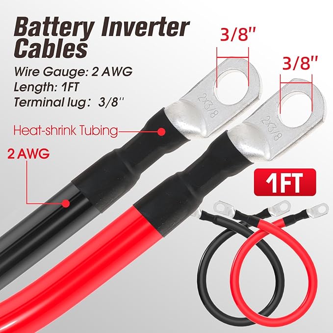 2 AWG Battery Cable 2AWG Gauge Battery Inverter Cables for Automotive Solar Marine Boat RV Car Motorcycle (2 AWG, 1FT, 3/8")