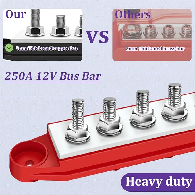 250A 12V Bus Bar Marine 12V,Power Distribution Block with Cover with 4 x 3/8”Post 6 x #8 Screws Terminals,Battery Bus Bar with 4PCS Battery Lugs and 4PCS Heat Shrink Tubing for Car Boat Solar Wiring