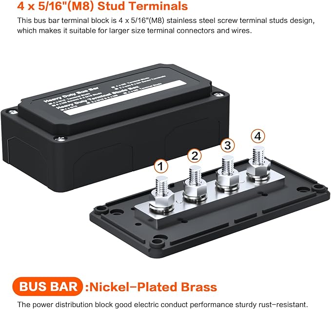 300A Bus Bar Box Nickel Plated Brass Power Distribution Block with 4xM8 (5/16 inch) Terminal Studs Negative Ground Battery Junction Block Buss Bar with Cover DC12 24 48V for Trailer Marine
