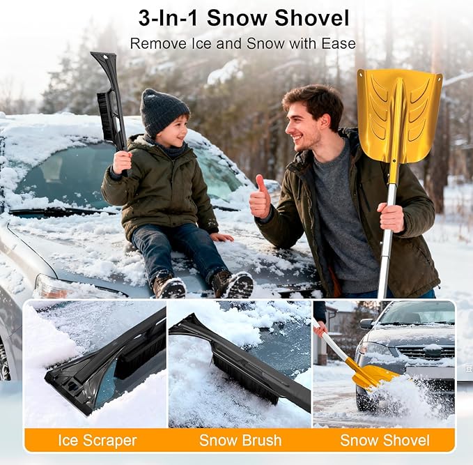 Snow Shovel with Ice Scraper & Brush, 17-30'' Extendable with Lightweight Aluminum Handle, 3-in-1 Folding Collapsible Winter Shovel Snow Removal for Camping Car Emergency Outdoors Home Yellow