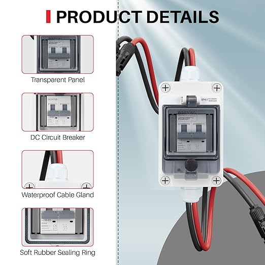 Solar Panel Disconnect Switch 550V 30A PV Disconnect Switch Outdoor Miniature Circuit Breaker with IP67 Waterproof Box for Solar PV Home Battery Systems (550V 30A)