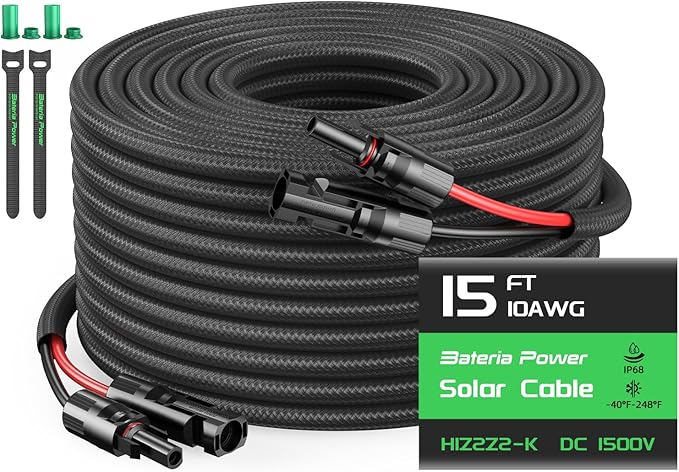 15FT Twin Wire Solar Panel Extension Cable, 10 Gauge PV Wire with IP68 Female & Male Waterproof Connectors, Flame Retardant Protective Sleeving and Dust Caps for Home, RV, Photovoltaic Systems