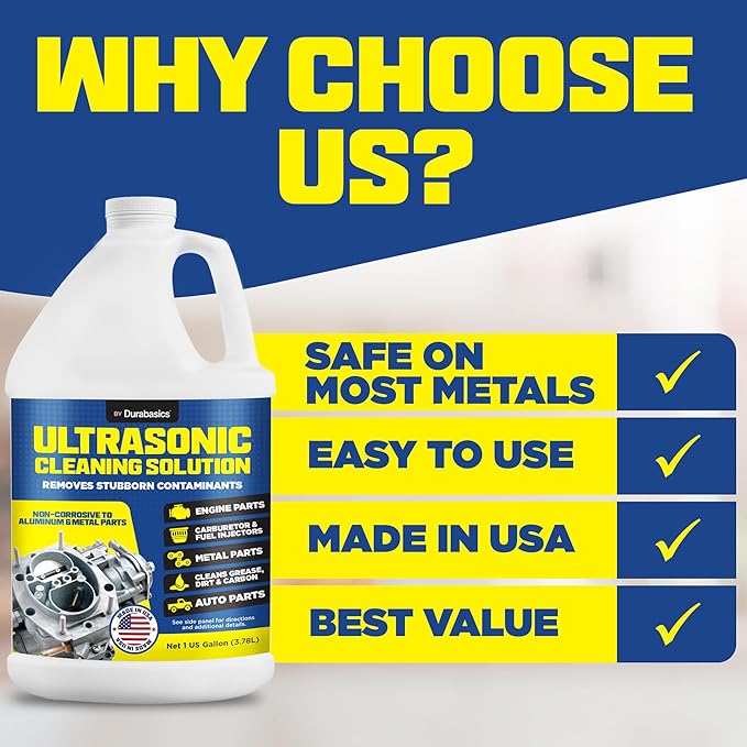 Durabasics [1 Gallon] Ultrasonic Cleaner Solution – Heavy-Duty Parts Cleaner & Carburetor Cleaning Solution – Perfect for Engine & Automotive Parts – Helps Remove Carbon, Grease – Safe on Most Metals