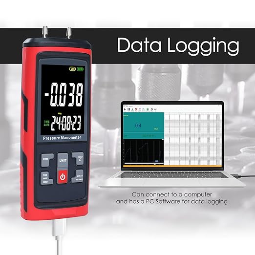 Manometer Data Logger, Dual-Port Digital Manometer Gas Pressure Tester Support PC Data Records, 13 Selectable Units Differential Pressure Gauge Manometer HVAC with Large LCD Screen