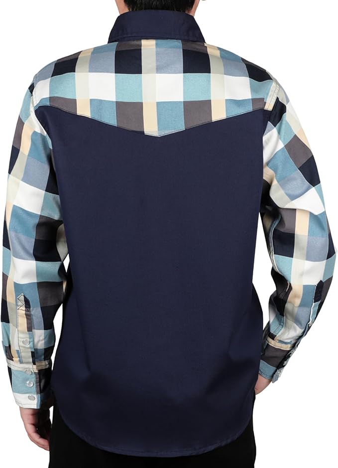 BOCOMAL FR Shirts Pearl Snaps Two Tone Plaid/Solid Flame Resistant Cotton Welding Shirt NFPA 2112 CAT 2