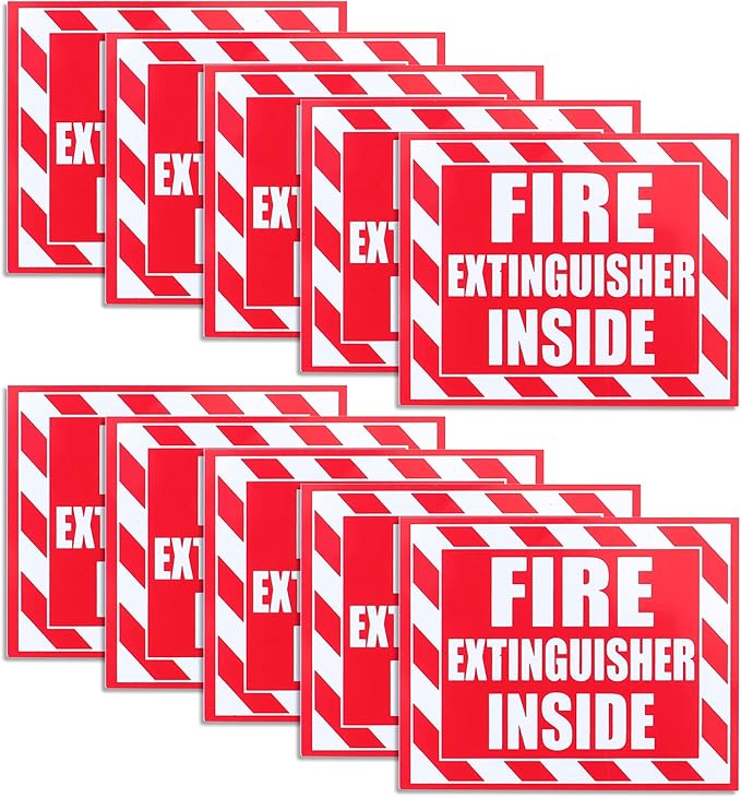 Fasmov 10 Pack Fire Extinguisher Inside Sticker Sign, 5" x 4" Self-Adhesive Vinyl Decals, Weatherproof & UV Protected for Cars, Trailers, Rv's, Trucks and Vehicles, Red on White