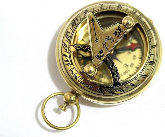 THOR INSTRUMENTS Brass Push Button Direction Sundial Compass - Pocket Sundial Compass Rustic Vintage Home Decor Gifts