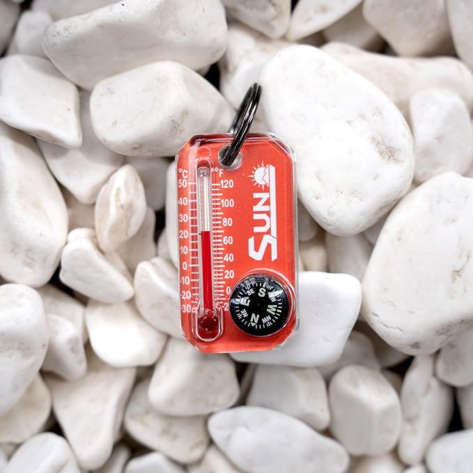 Sun Company Therm-o-Compass | Multi-Functional Zipper Pull Compass & Thermometer with Wind Chill Chart | Ideal for Camping, Hiking, and Outdoor Navigation